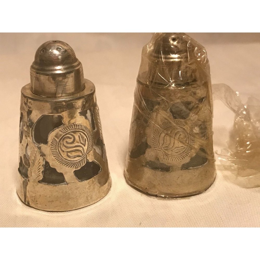 Mexican Sterling Silver Overlay Salt & Pepper Shaker Set, Mid-Century NOS